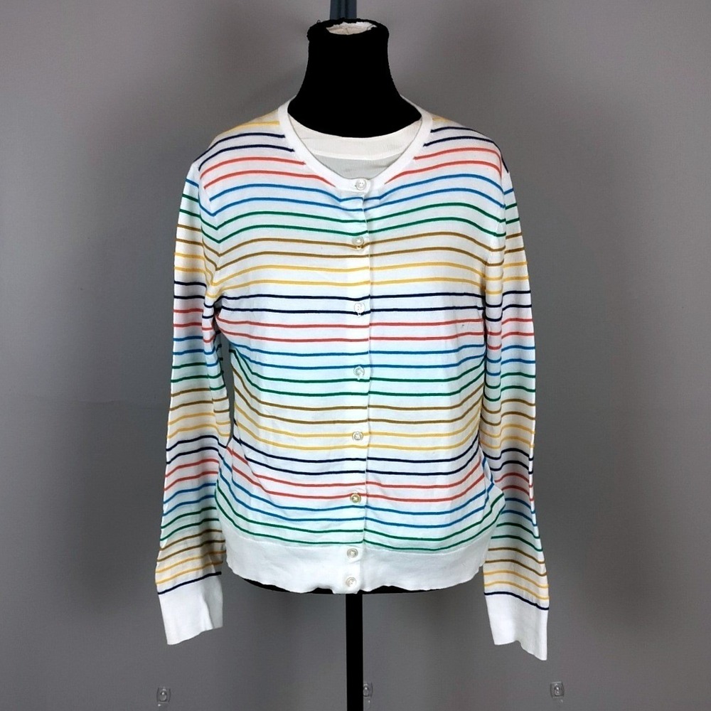 Brooks Brothers Supima‎ Cotton Rainbow Stripe Cardigan White Multicolor Preppy